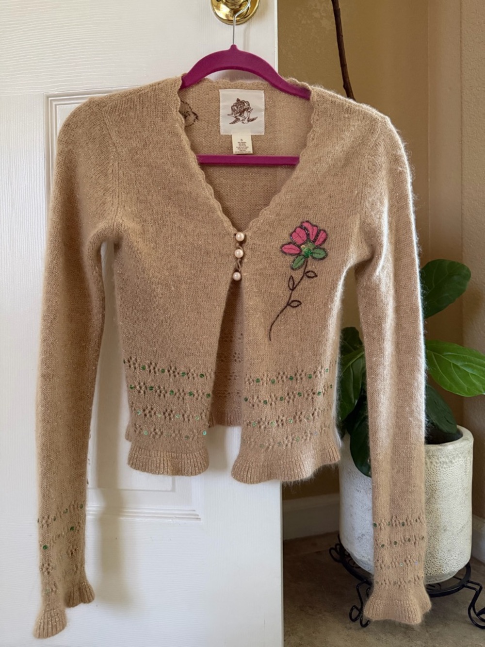 Vintage-2000s Angora and Wool Flower and Bird Embroidered Cardigan Sweater